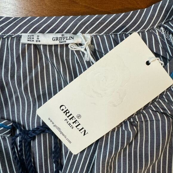 Grifflin Paris Black White Striped Embroidered Sleeve Tunic Dress Size Small - Picture 7 of 13